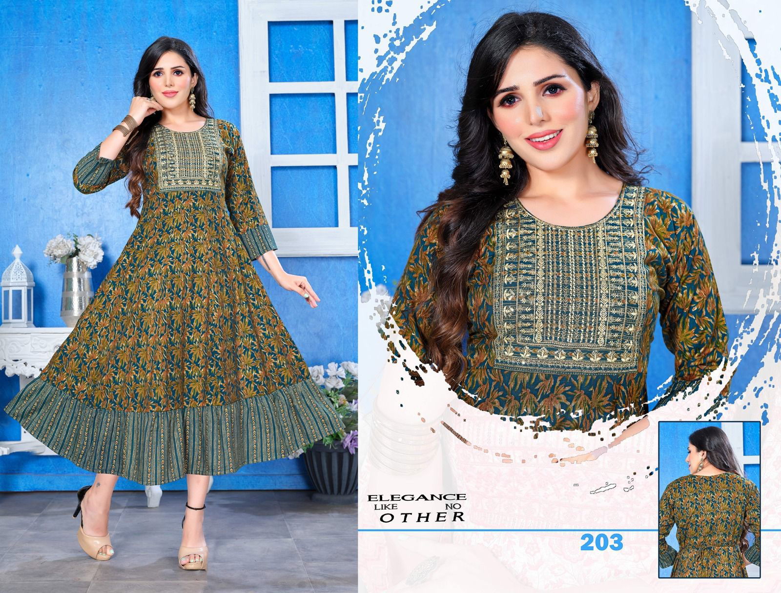 Something Special Golden Heavy Rayon Printed Long Kurtis Wholesale Market In Surat
